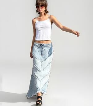 Wash Lab Denim Maxi Skirt Size 25 Frayed Chevron Boho Blue Lace-Up $128 NEW